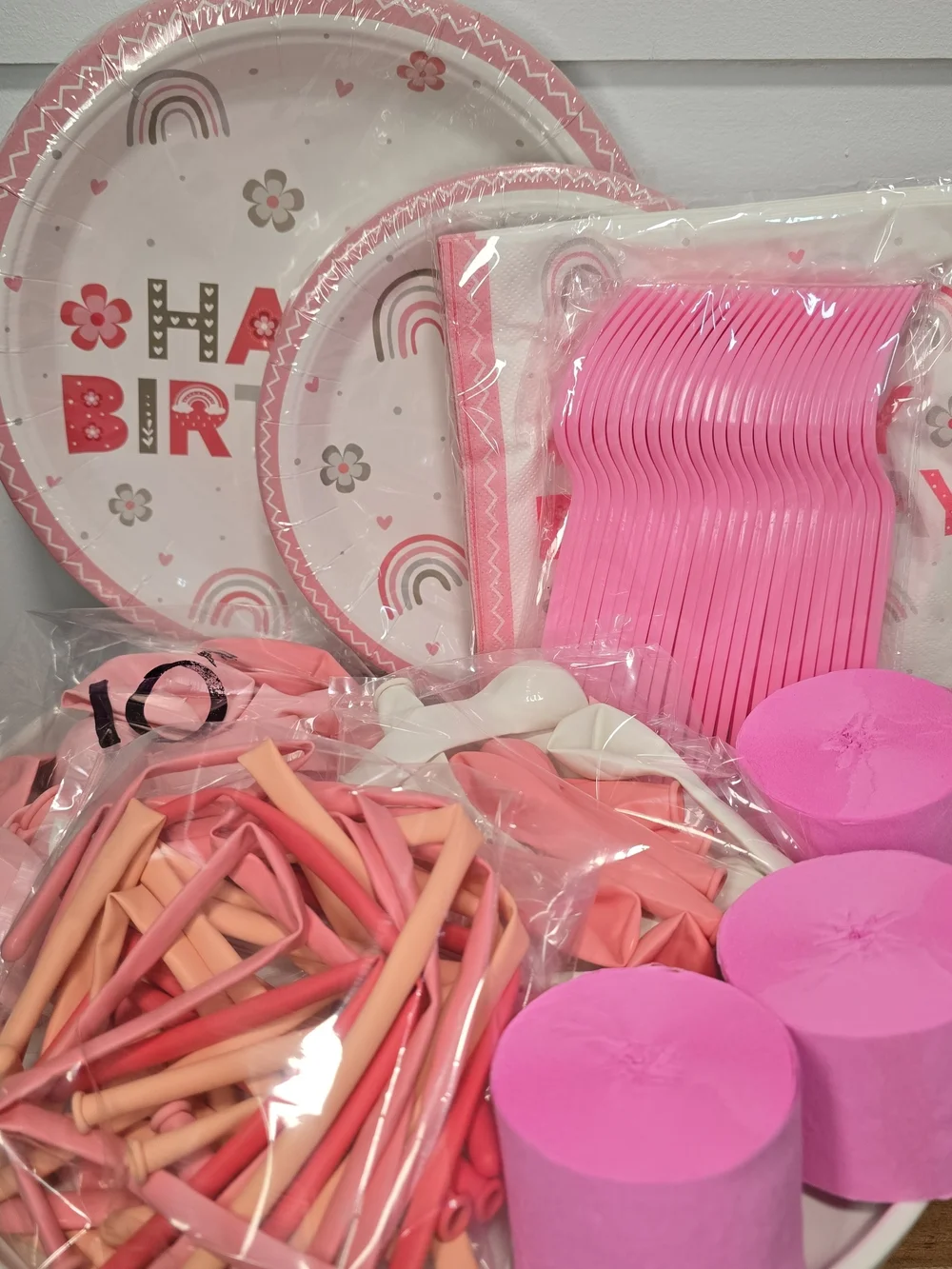 Party Supply Pink Boho Rainbow. Plates, Napkins, Forks & Balloons. 138 Pieces.